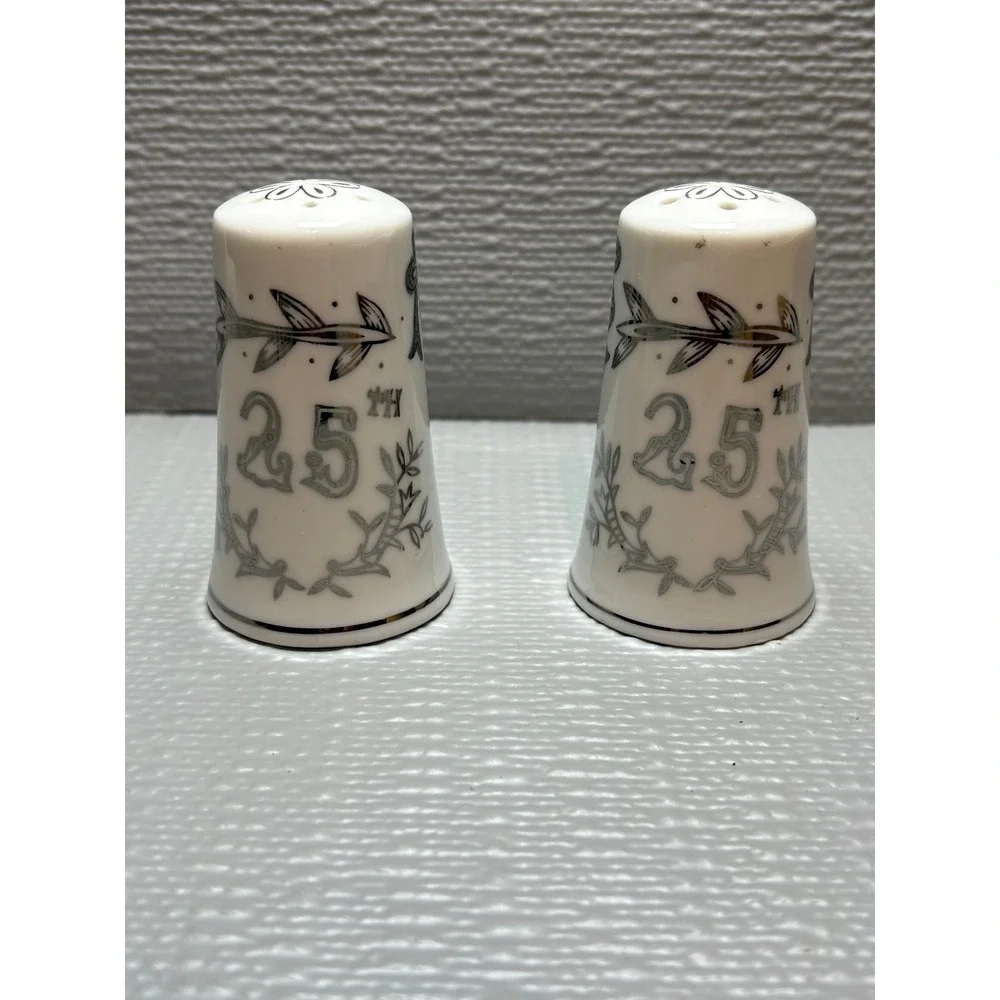 Vintage 25th Wedding Anniversary Salt and Pepper Shakers Silver White Ceramic 3